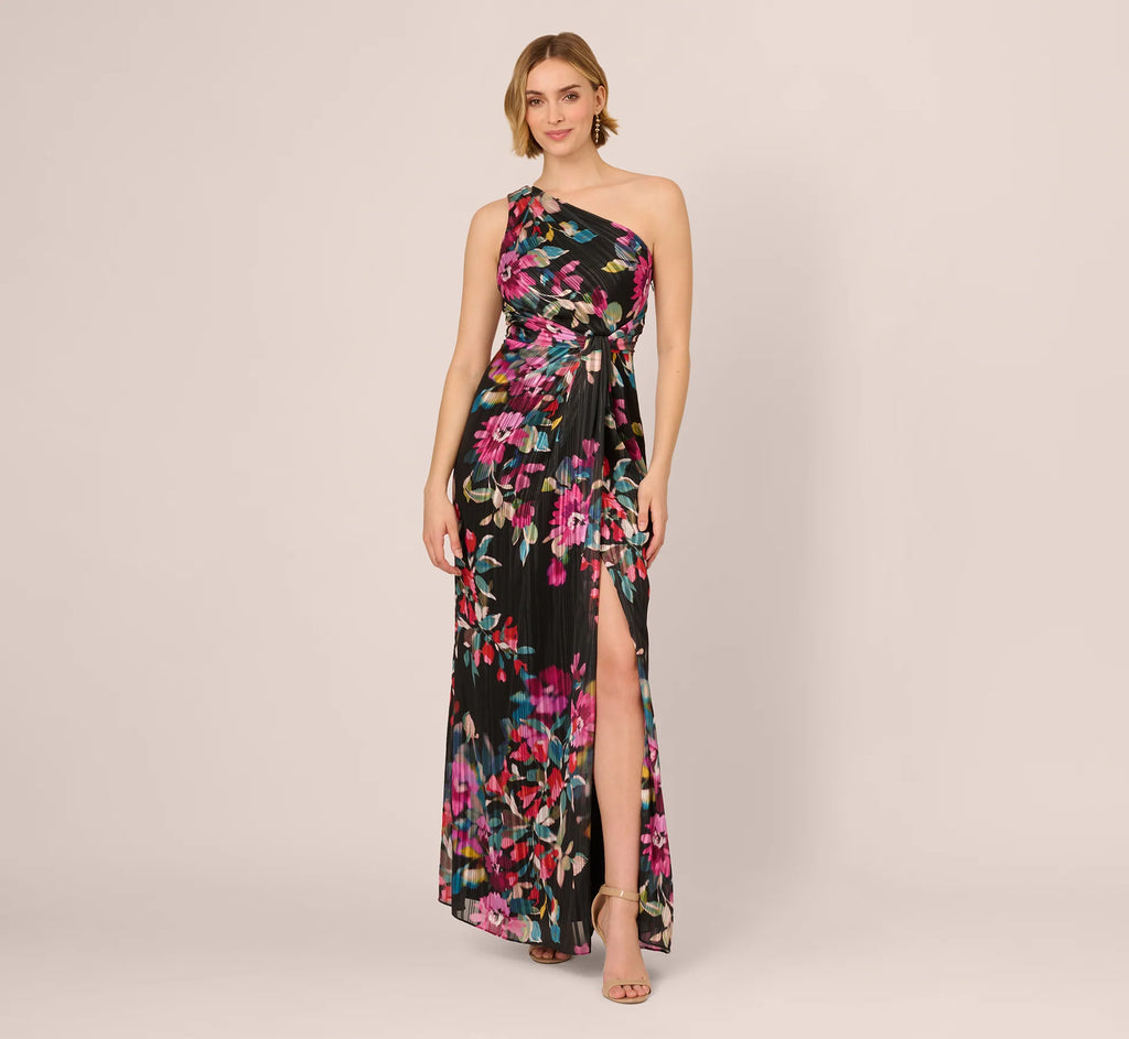 One Shoulder Metallic Floral Stripe Gown In Black Multi