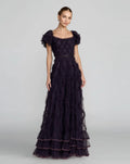 Navy Tiered Ruffle Puff Sleeve Gown