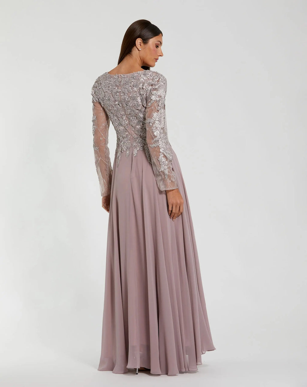 Purple Embellished Illusion V Neck Long Sleeve Gown