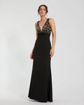 Crepe Sleeveless Beaded V Neck Gown With Bow