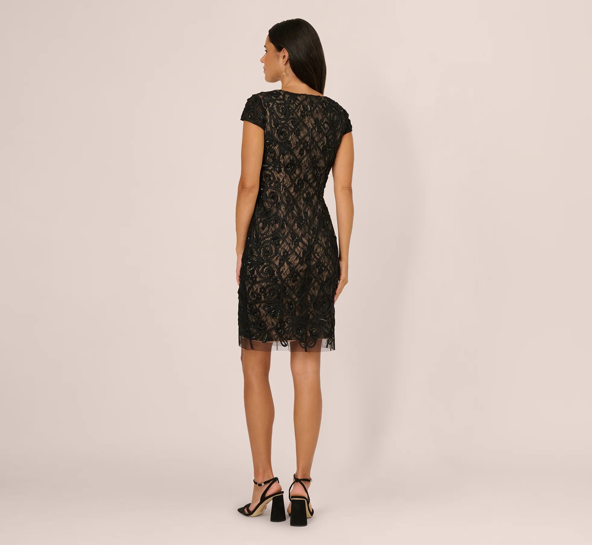 Cap Sleeve Soutache Lace Beaded Midi Dress In Black Nude