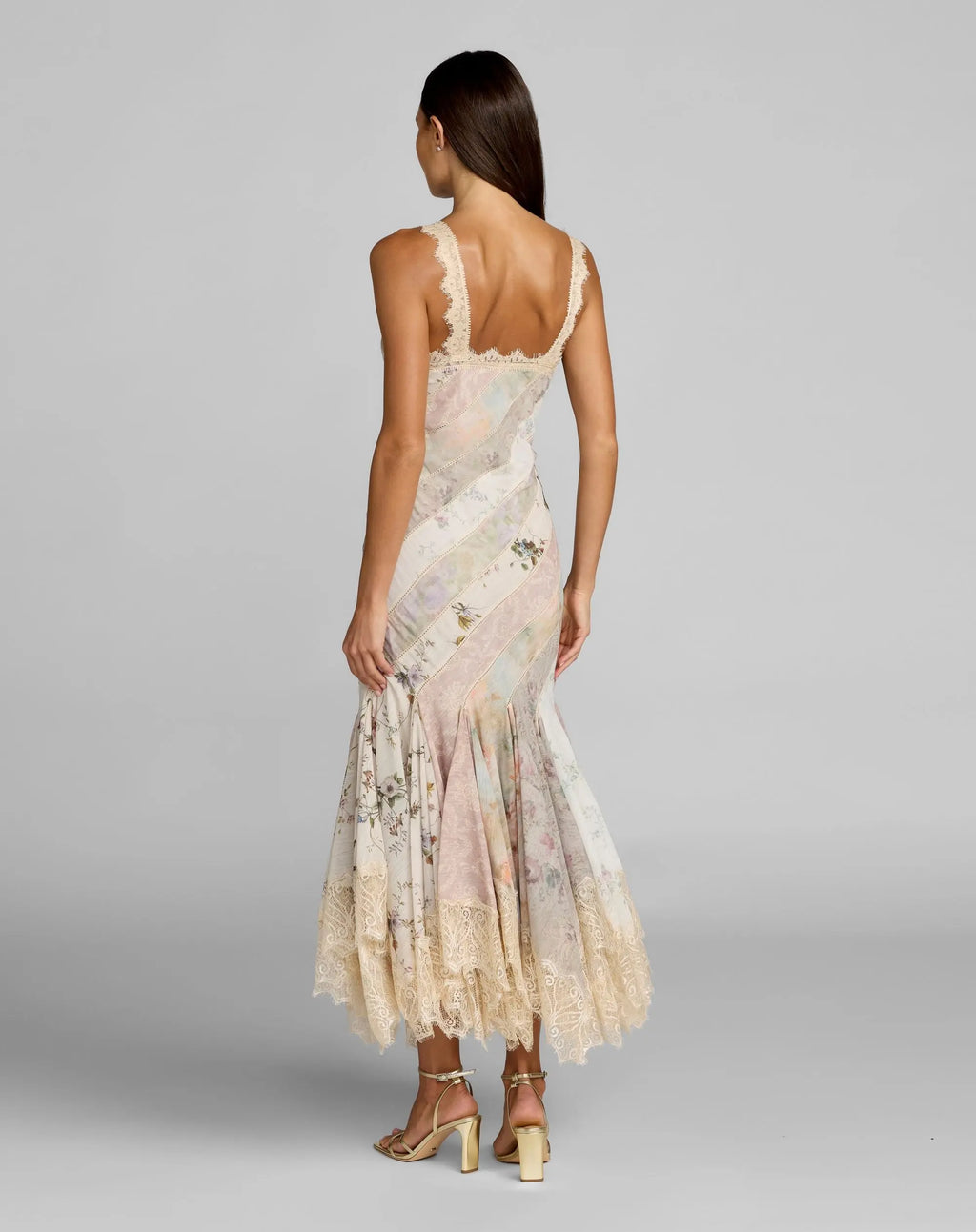 Multicolor Floral Chiffon Midi Dress With Lace Trim