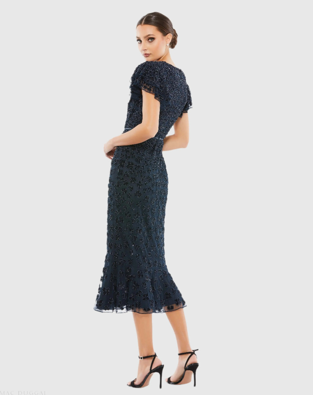 Navy Hand Beaded Flounce Sleeve Midi Dress