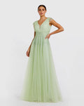 Embellished Cap Sleeve V Neck Tulle Gown