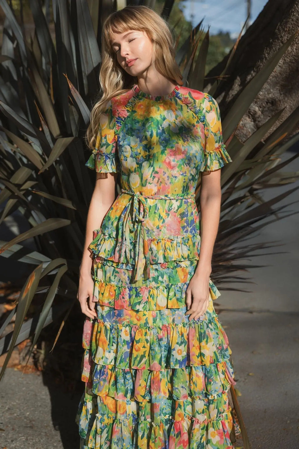 Green Ruffle Tiered Chiffon Floral Dress