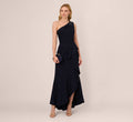 One Shoulder Ruffled Crepe Gown With Beaded Accent In Midnight