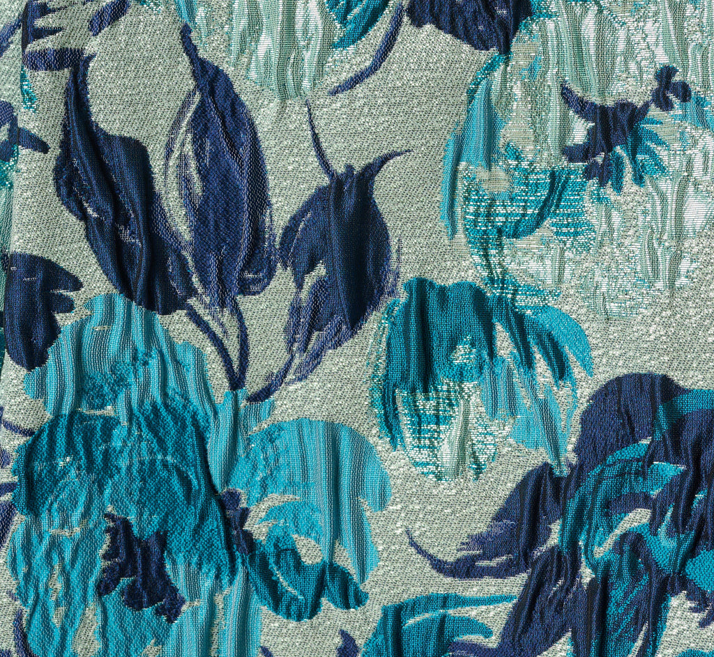 Metallic Floral Jacquard Boat Neck Fit And Flare In Blue Multi