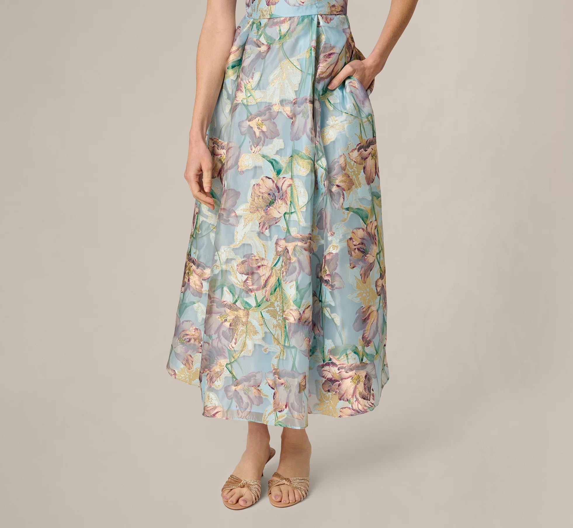Off Shoulder Watercolor Floral Jacquard Ankle Dress In Blue Multi