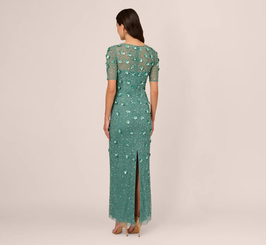 Long Hand Beaded 3D Floral Dress With Elbow Sleeves In Green Slate