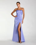 Purple Strapless Satin Gown With Slit