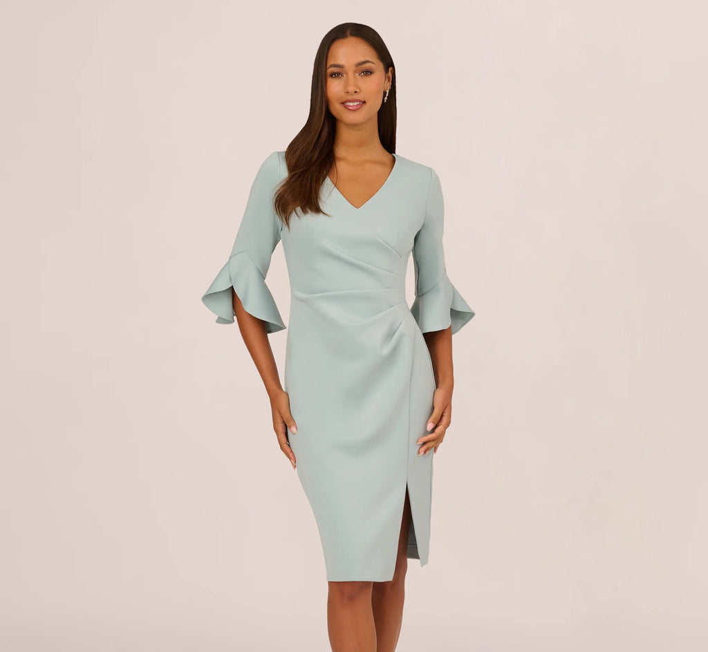 Three Quarter Sleeve Faux Wrap Midi Dress In Aqua Dust