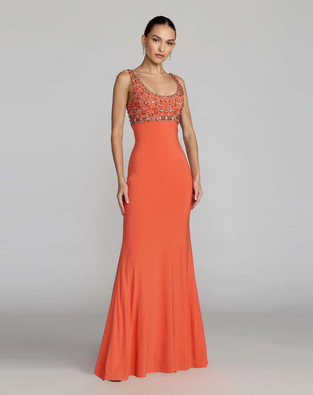 Orange Sleeveless Scoop Neck Embellished Jersey Gown