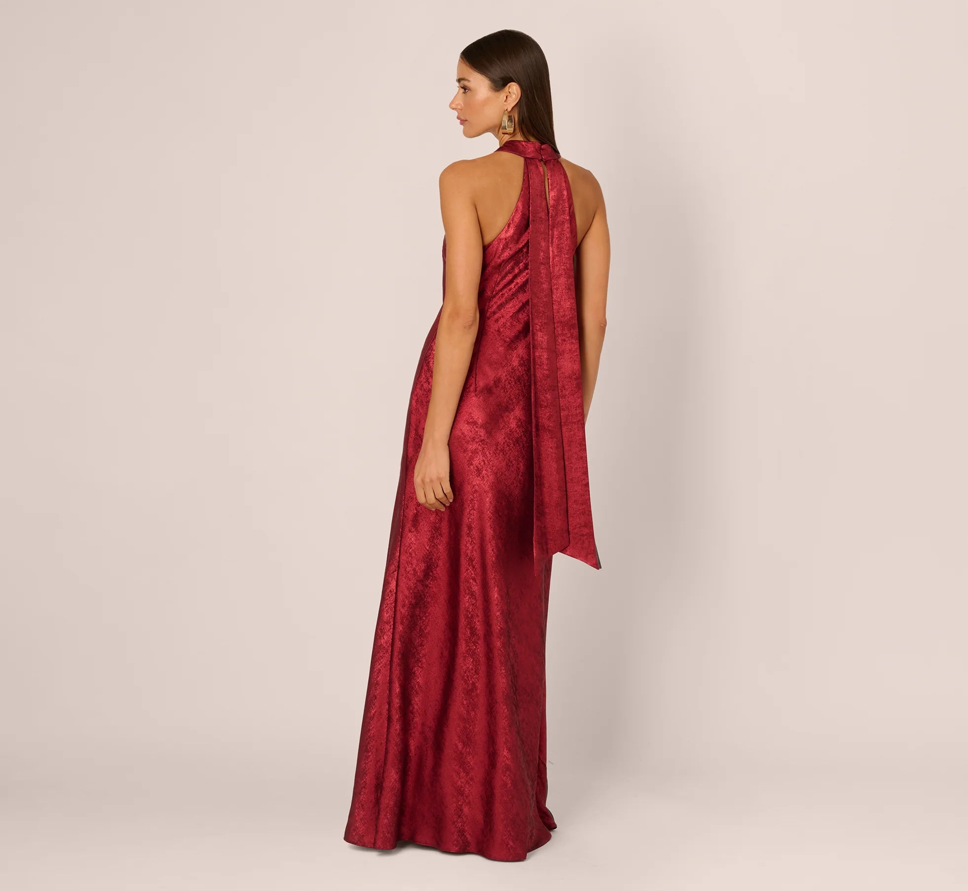 Foiled Mermaid Gown With Halter Neckline In Wine