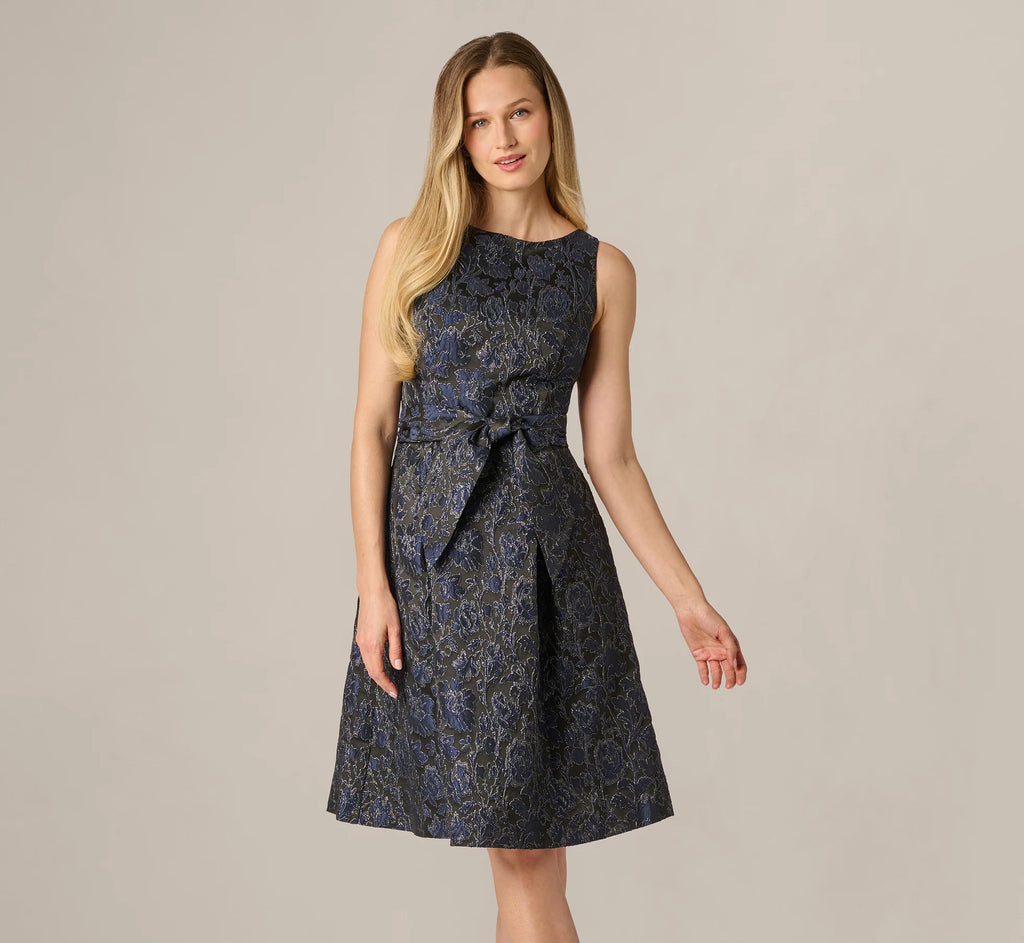 Jacquard Tie Front Fit And Flare Midi Dress In Black Navy