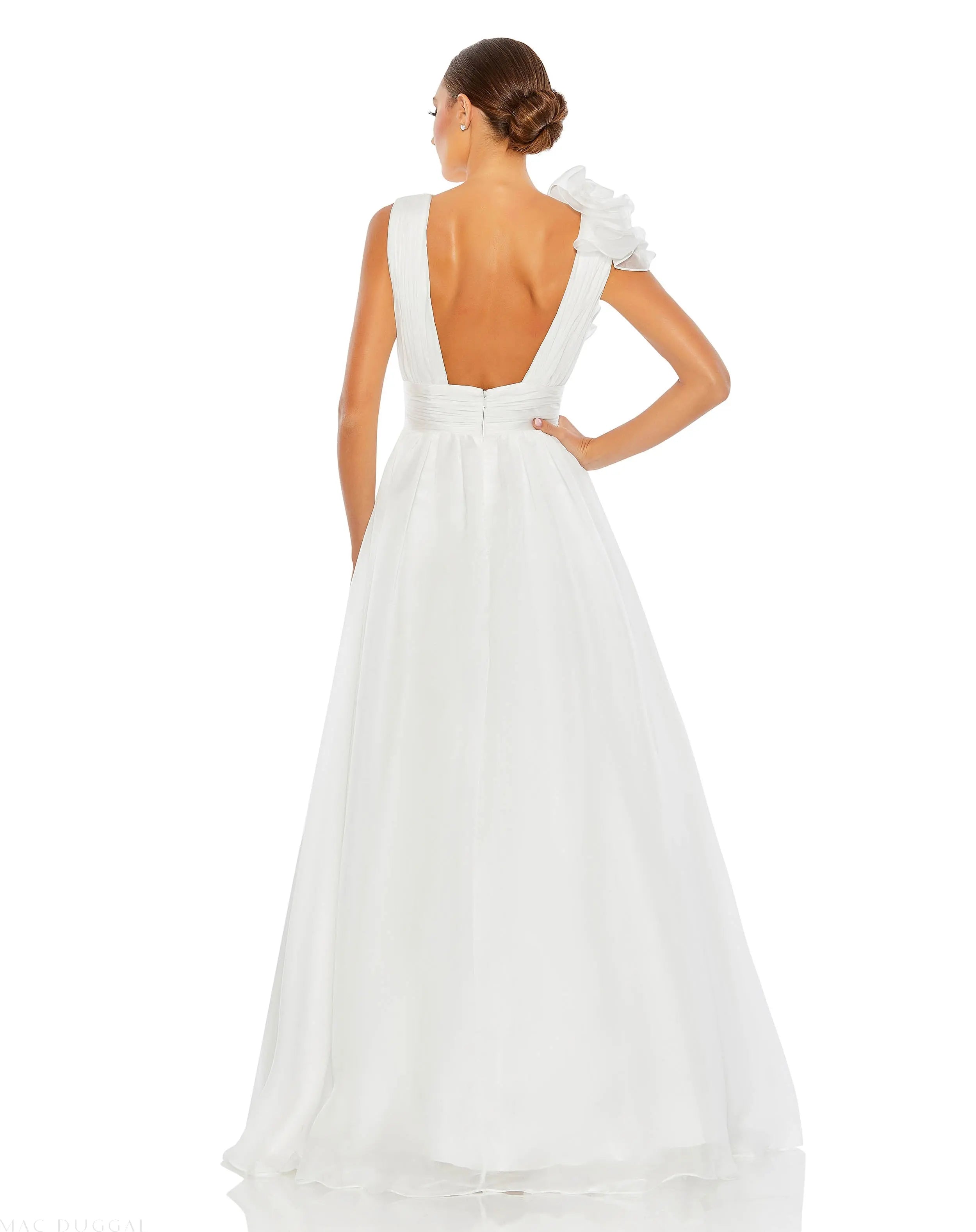 White Ruffle Shoulder V-Neck Chiffon Gown