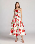 White Strapless Floral Printed A Line Midi Dress