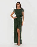 Beaded Cap Sleeve Crepe Gown With Bow and Slit