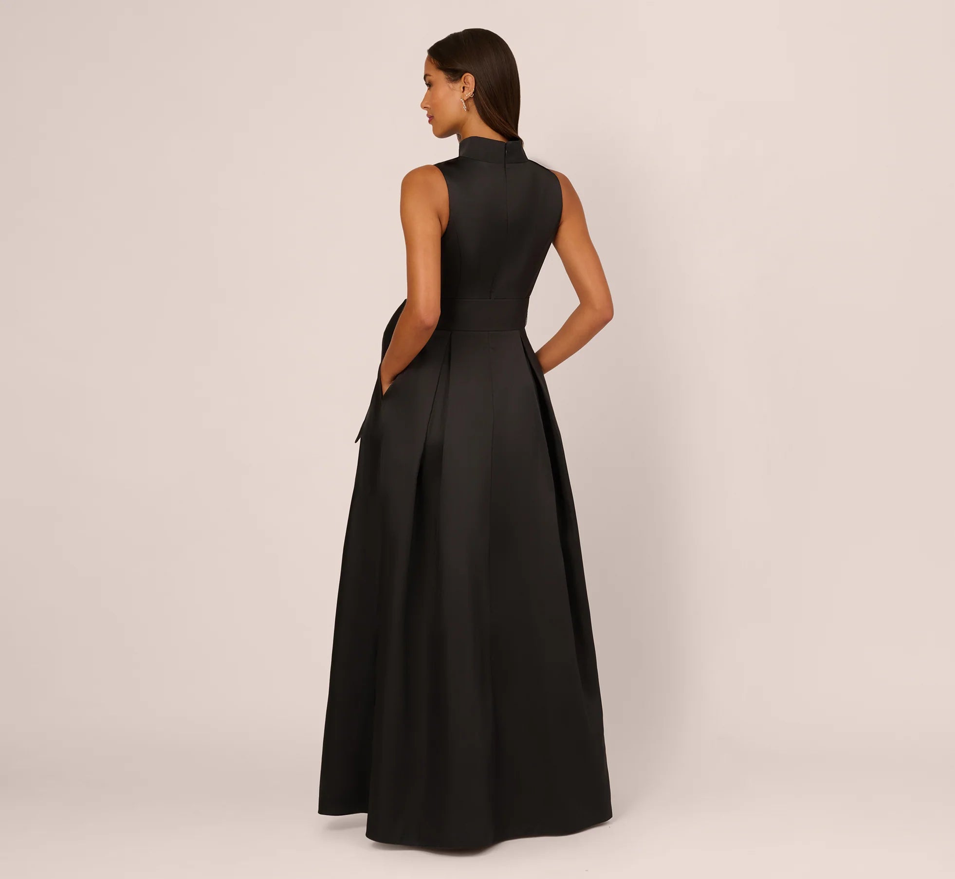 Sleeveless Queen Anne Tie Front Ballgown In Black
