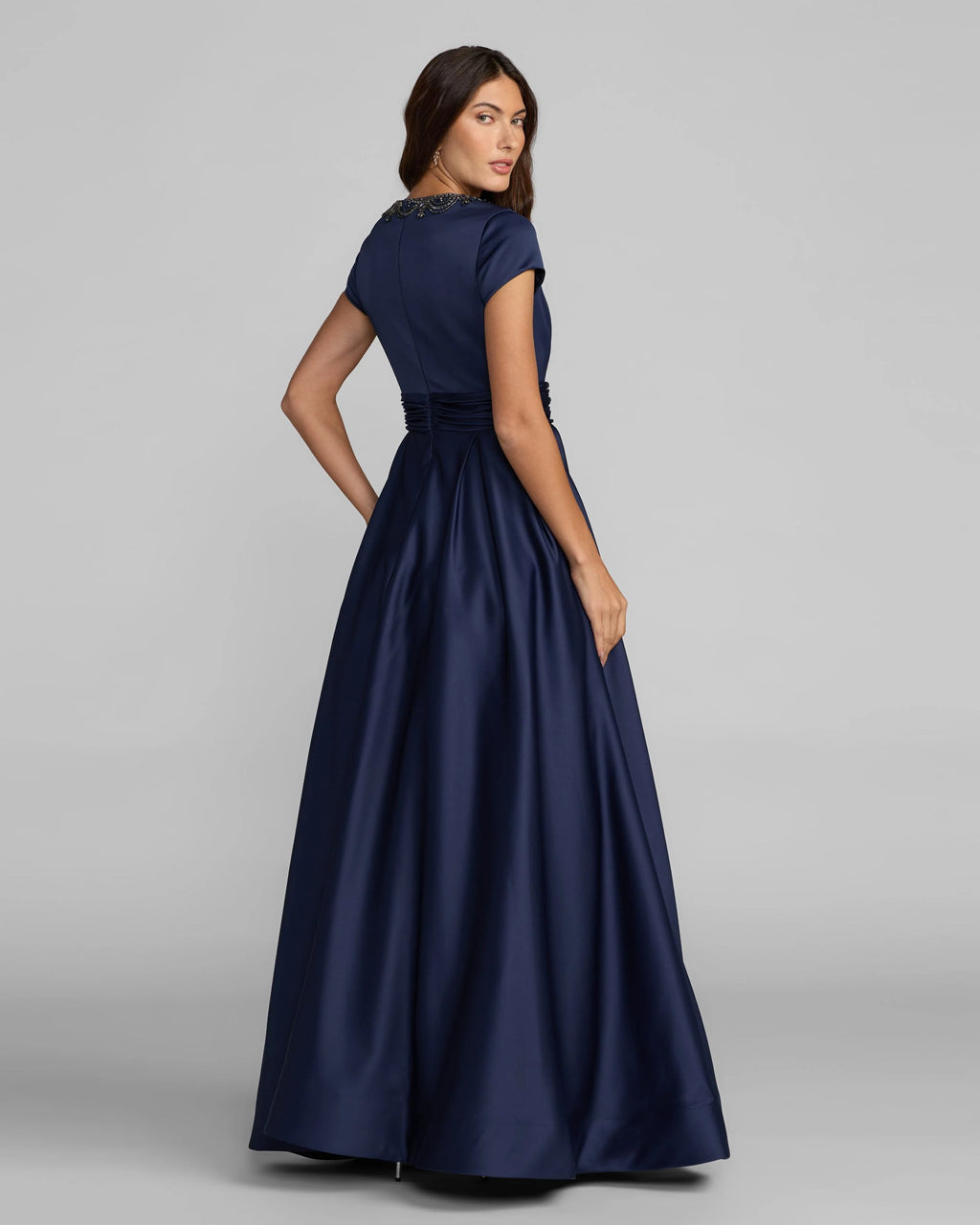 Navy Embellished Satin Cap Sleeve Ball Gown