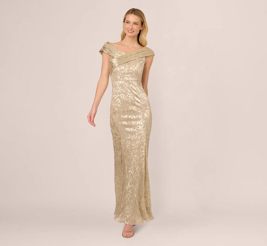 Off Shoulder Foil Leaf Mermaid Gown In Champagne Gold