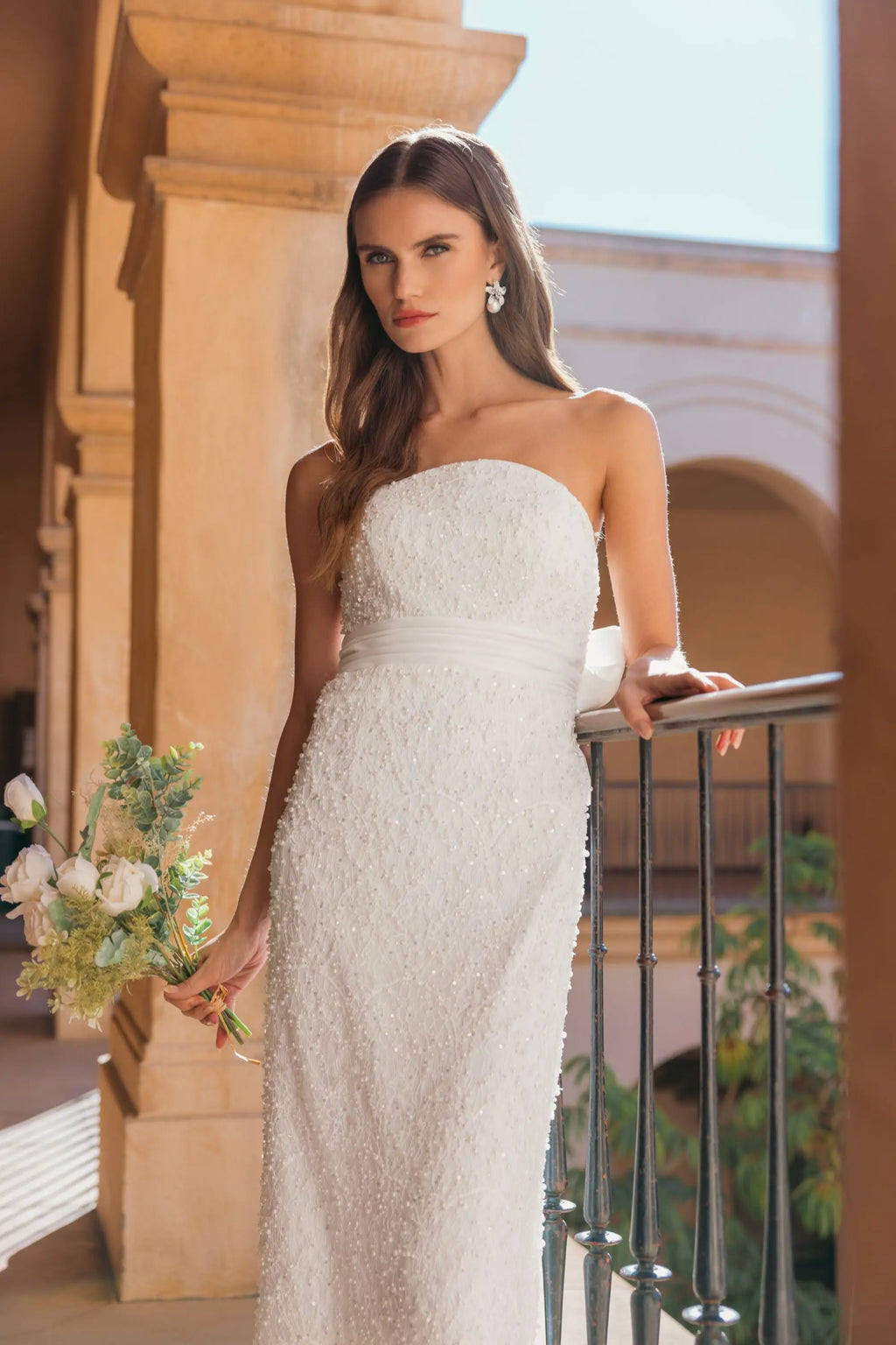Ivory Strapless Beaded Bow Back Midi Dress