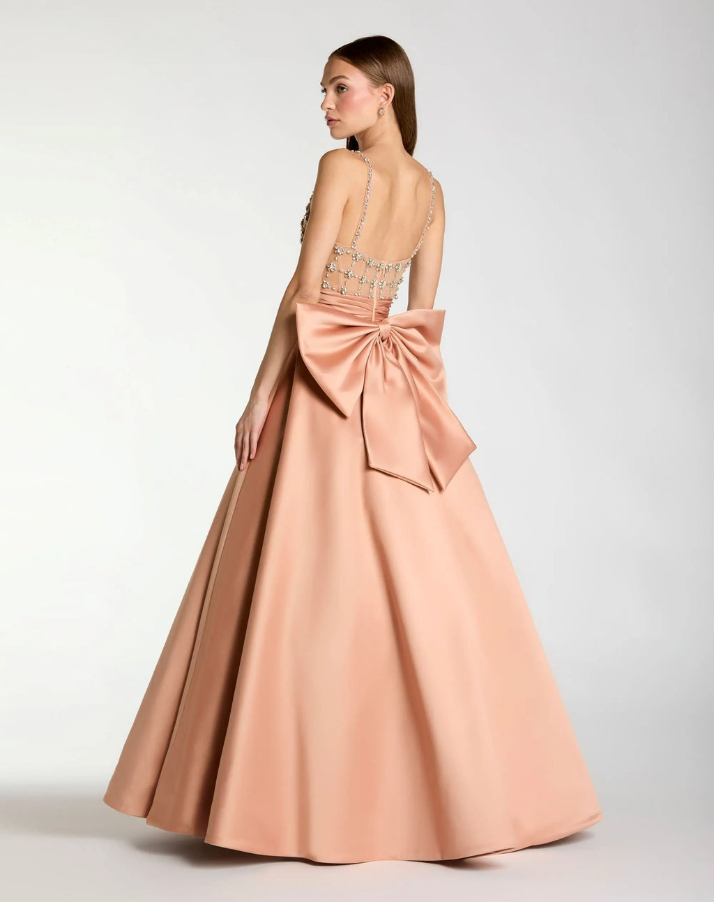 Peach Embellished Bodice Sweetheart Neck Satin Ball Gown