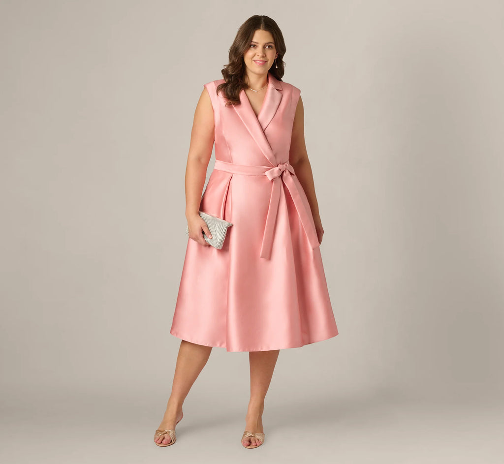 Plus Size Mikado Lapel Belted Midi Dress In Apricot Ice