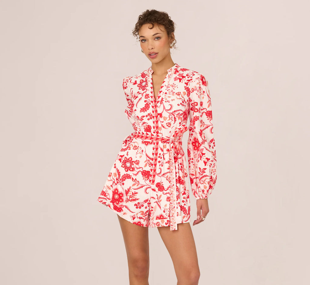 Long Sleeve Tie Front Floral Romper In White Coral Multi