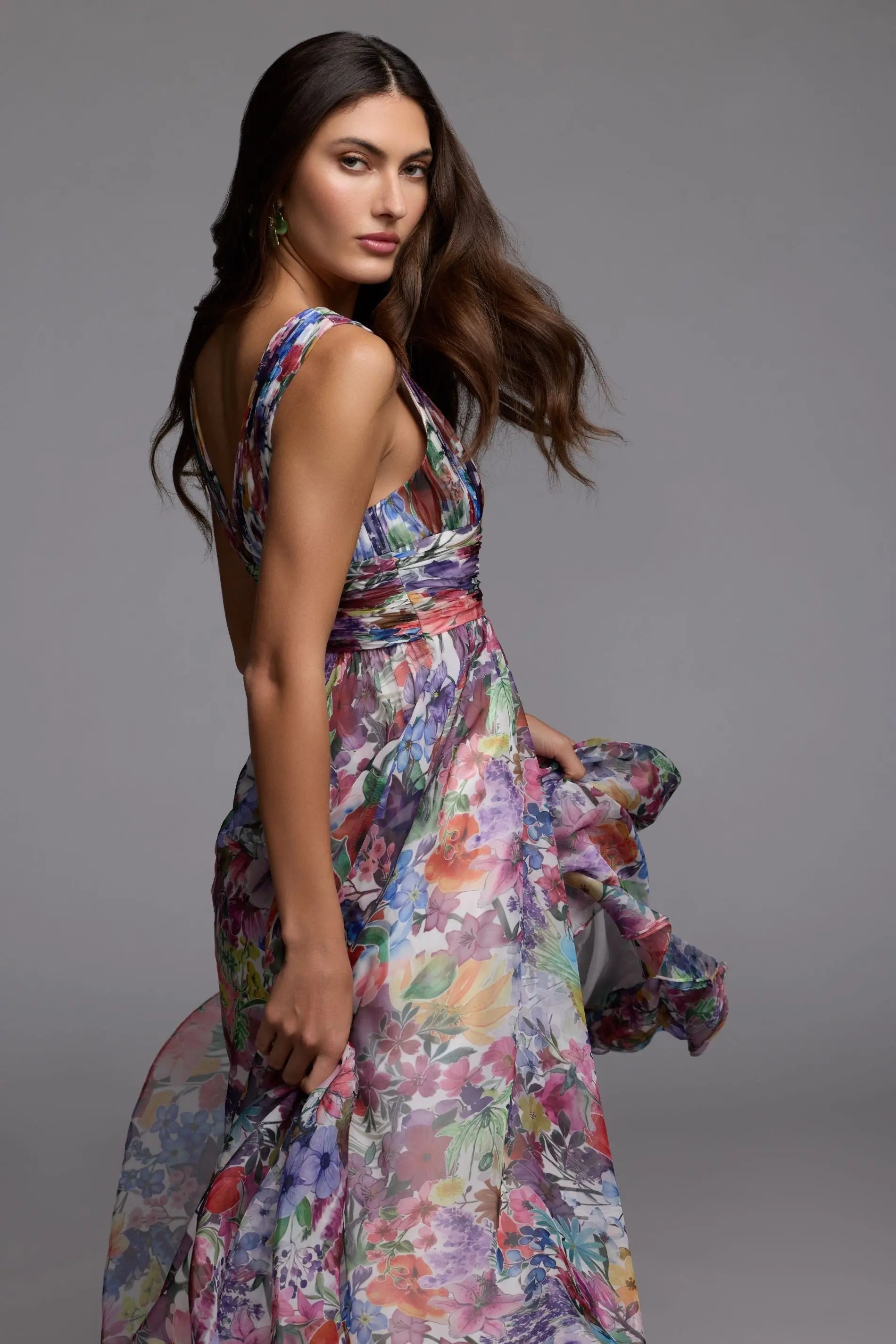 Multicolor Floral Chiffon Gown with Ruffle Slit