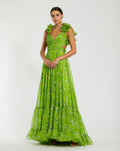 Green Ruffle Tiered Floral Cut-Out Chiffon Gown