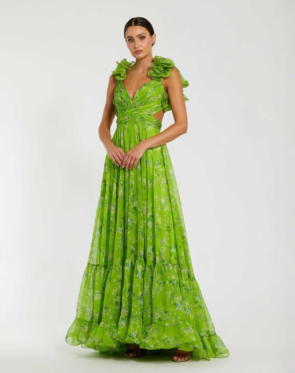 Ruffle Tiered Floral Cut-Out Chiffon Gown