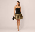 Strapless Drop Waist Belted Combo Cocktail Dress In Black Gold