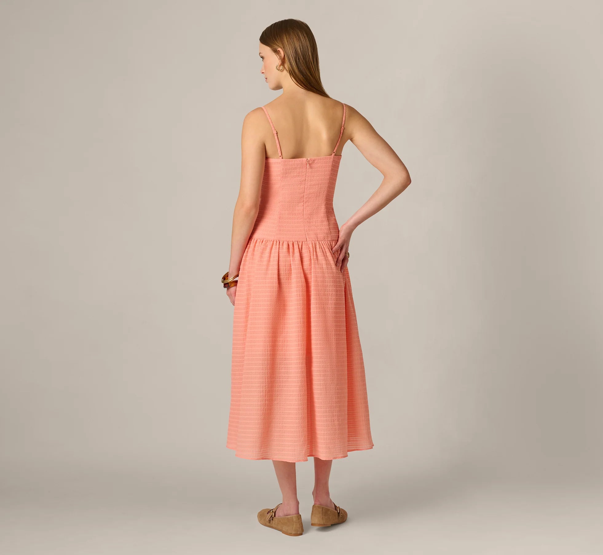 Drop Waist Seersucker Beaded Strap Sundress In Coral