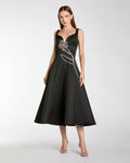 Black A-Line Midi Dress With Embellished Flower