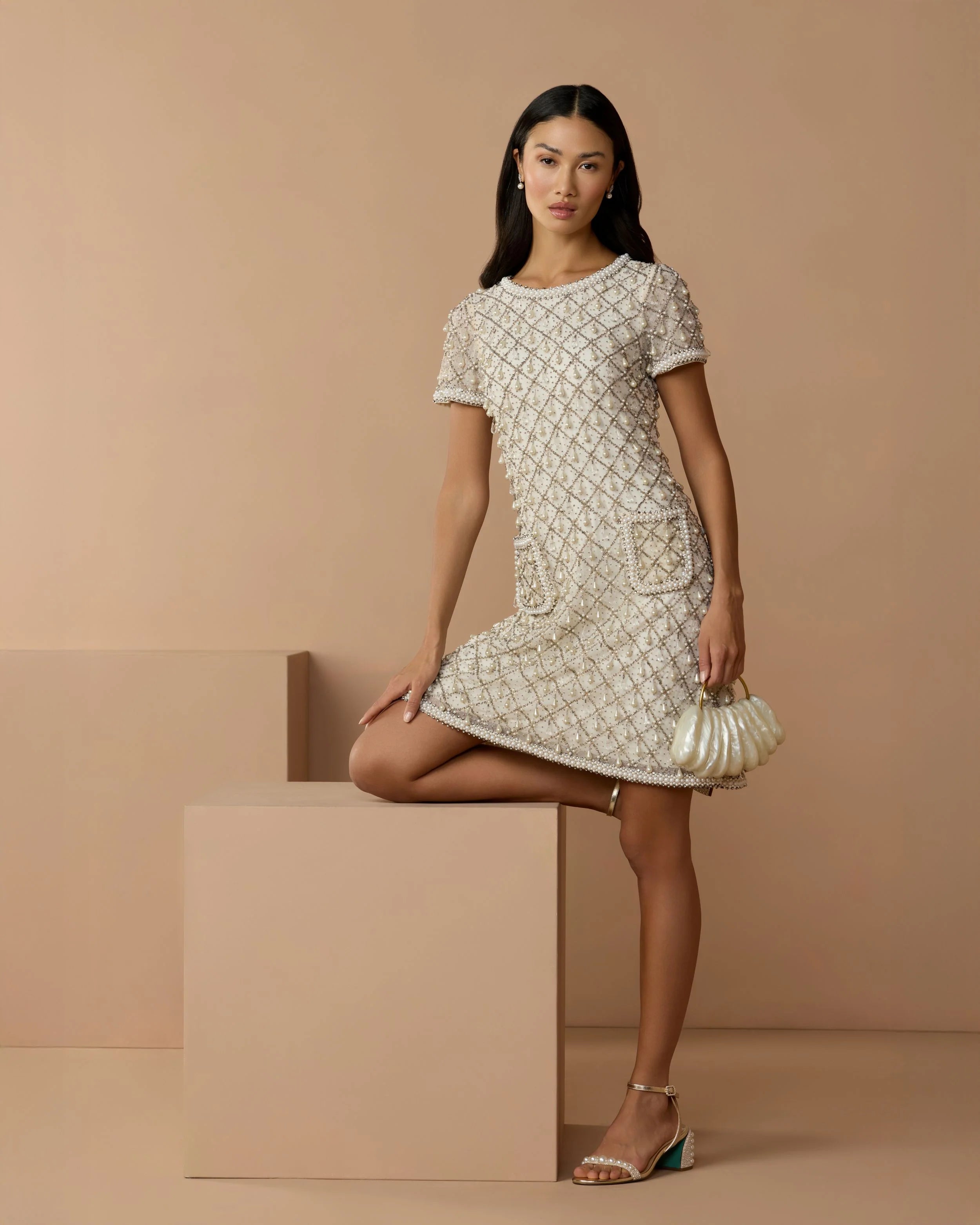 Ivory Pearl Embellished Short Sleeve Mini Dress