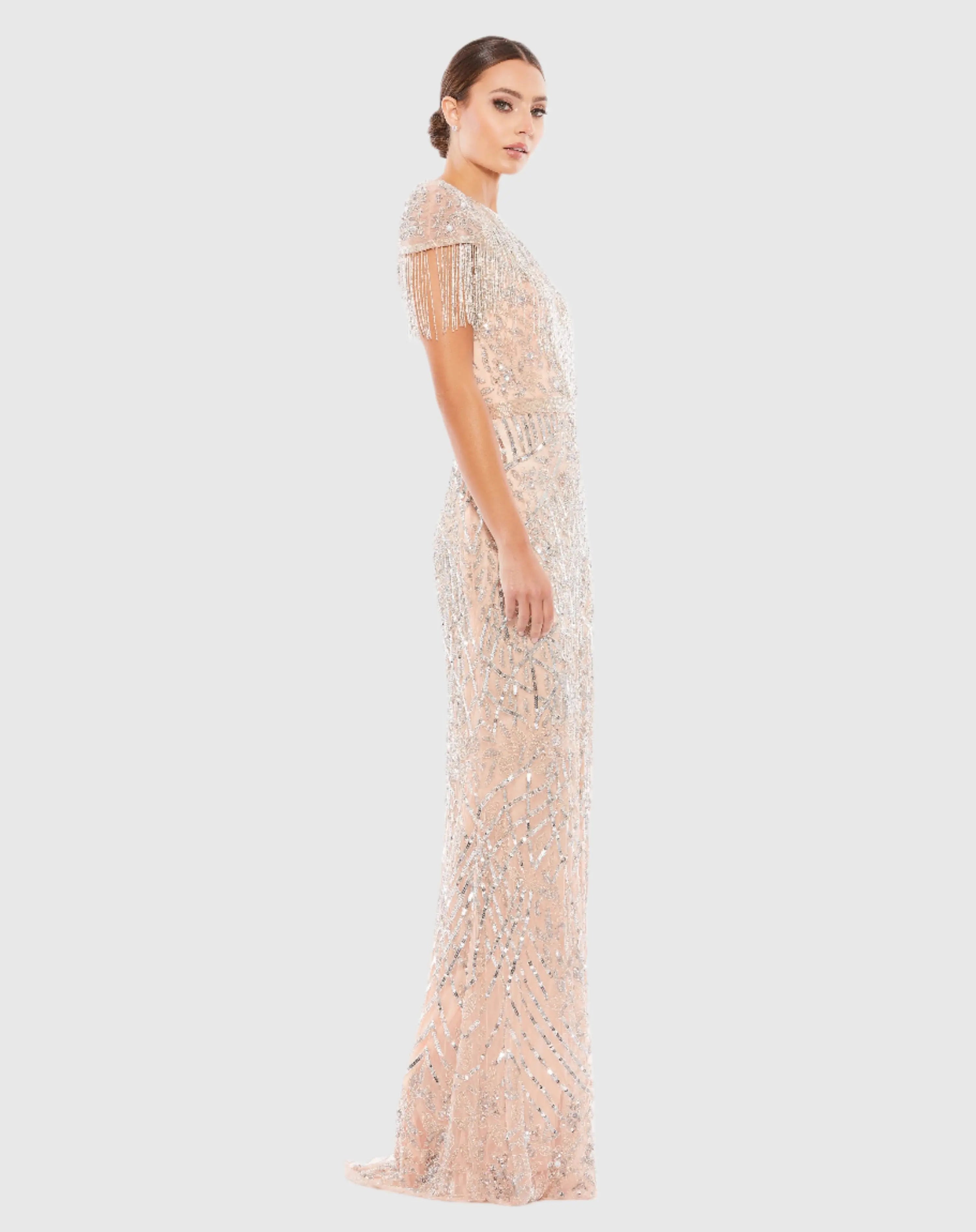 Pink Embellished Fringe Cap Sleeve Trumpet Gown