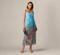 Pleated Wildflower Border Midi Dress In Light Blue Multi