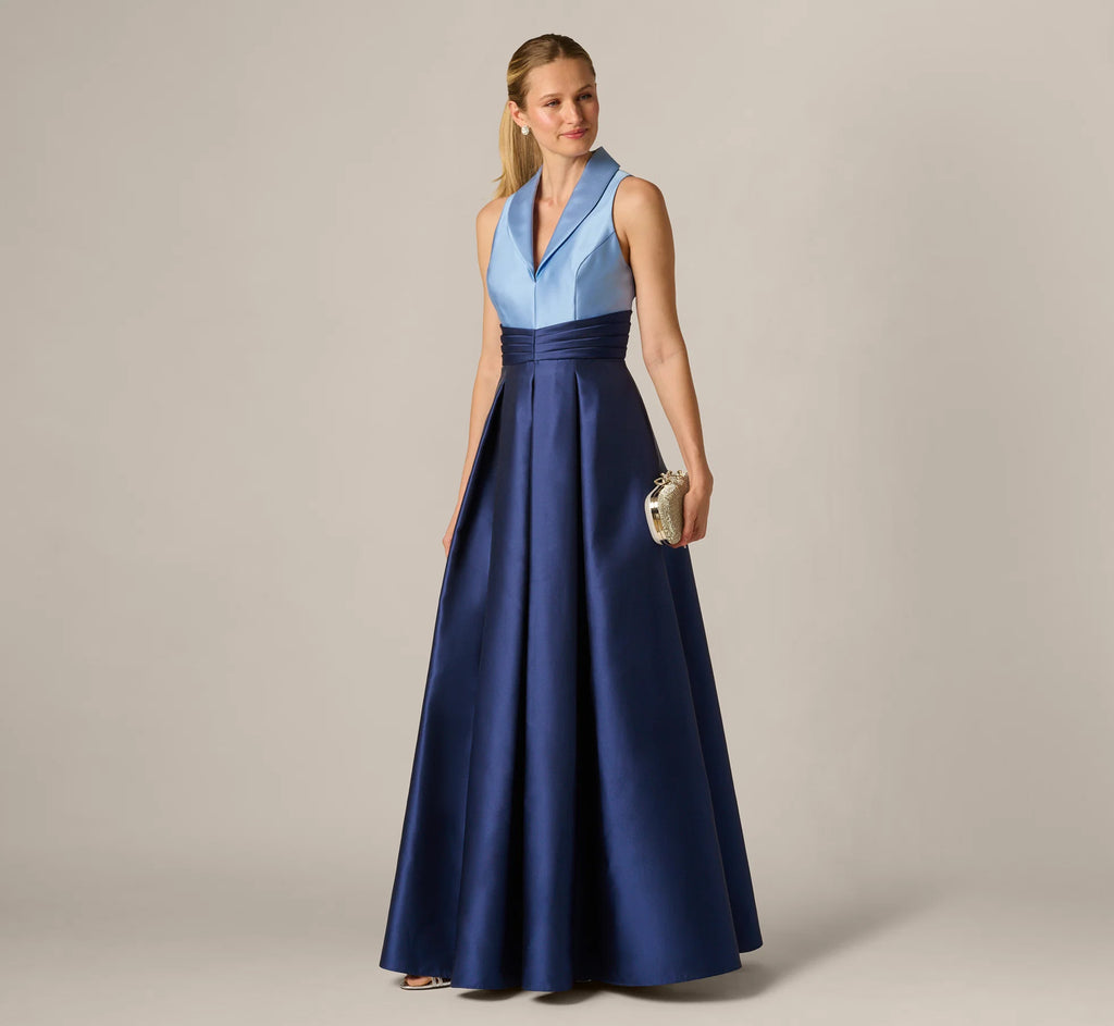 Sleeveless Color Block Tuxedo Ballgown In Icy Topaz Navy