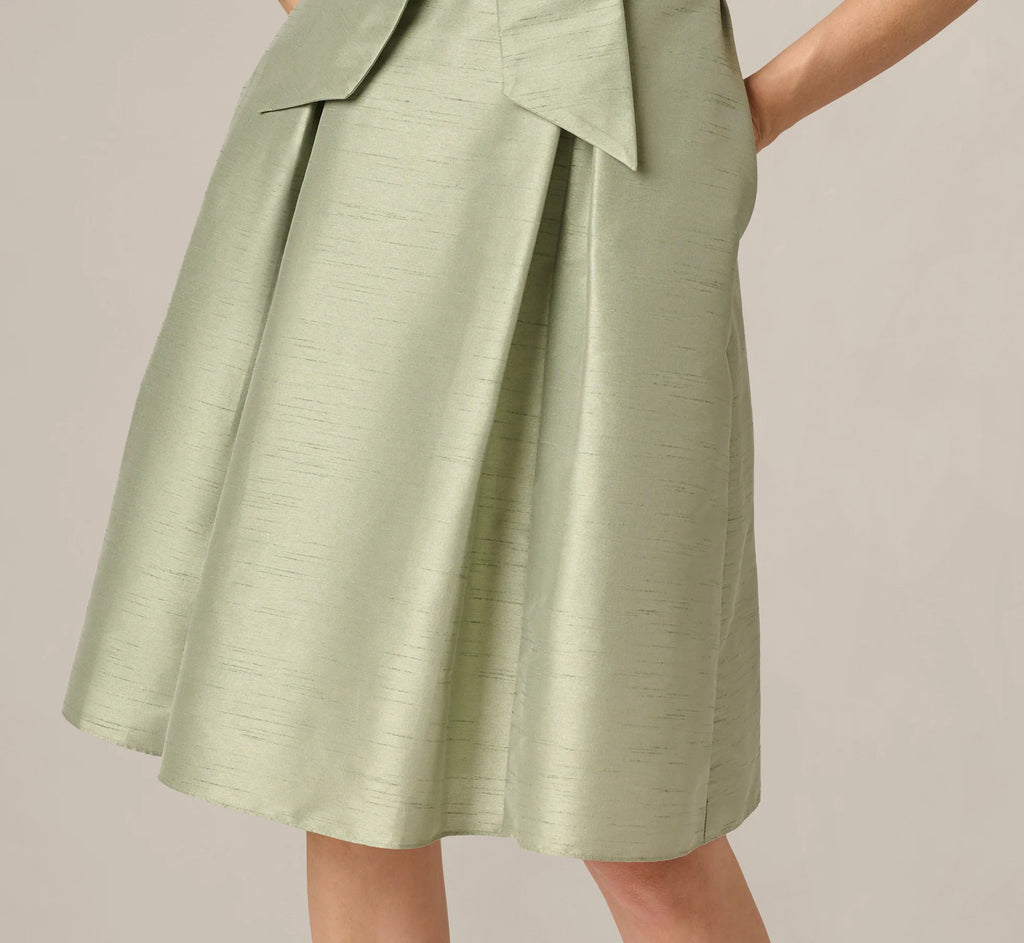 Dupioni Tie Front Fit And Flare Dress In Sage