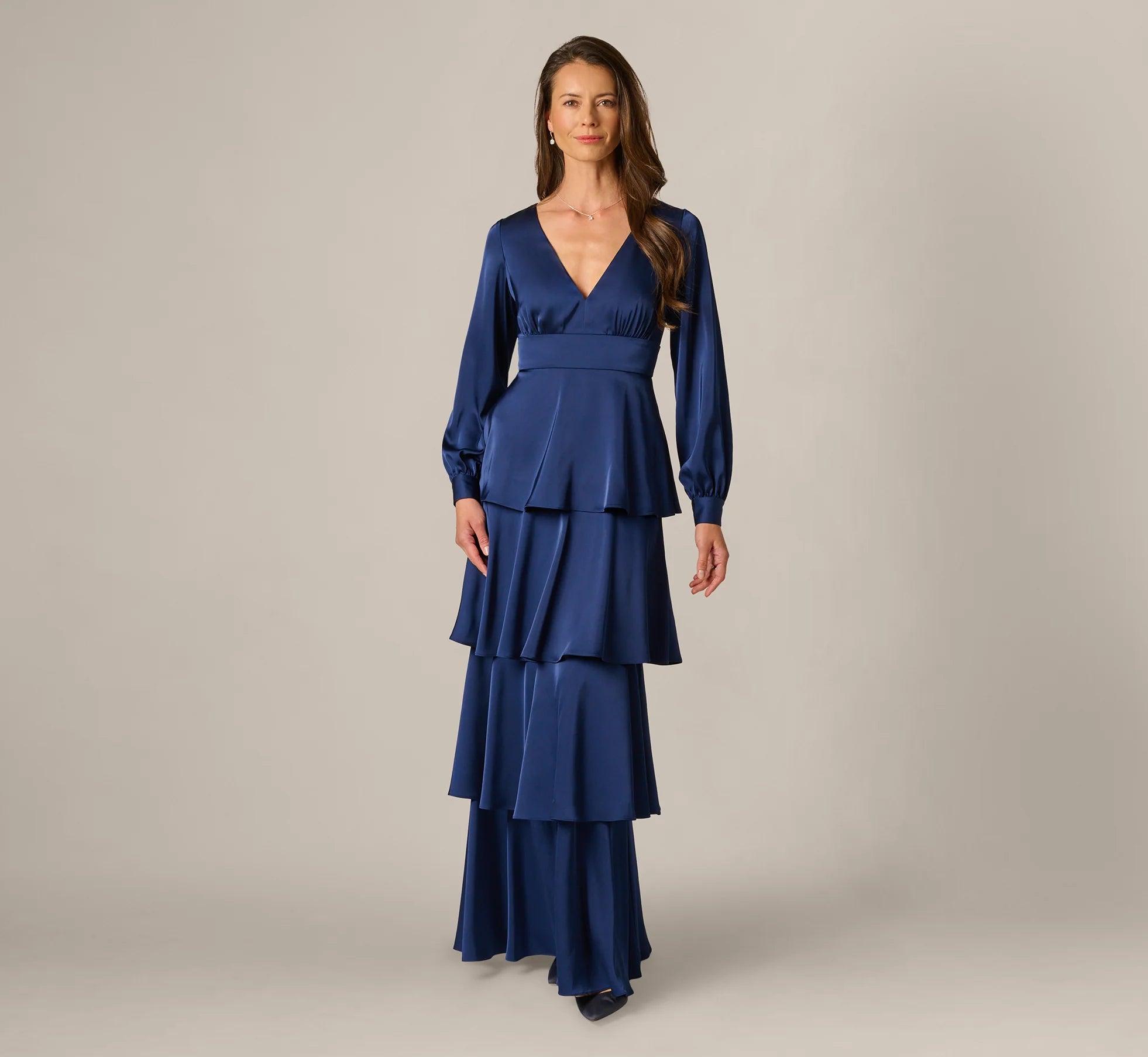 Long Sleeve Satin Tiered Gown In Navy Sateen