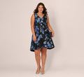 Plus Size Floral Jacquard Short Fit And Flare Dress In Blue Black Multi
