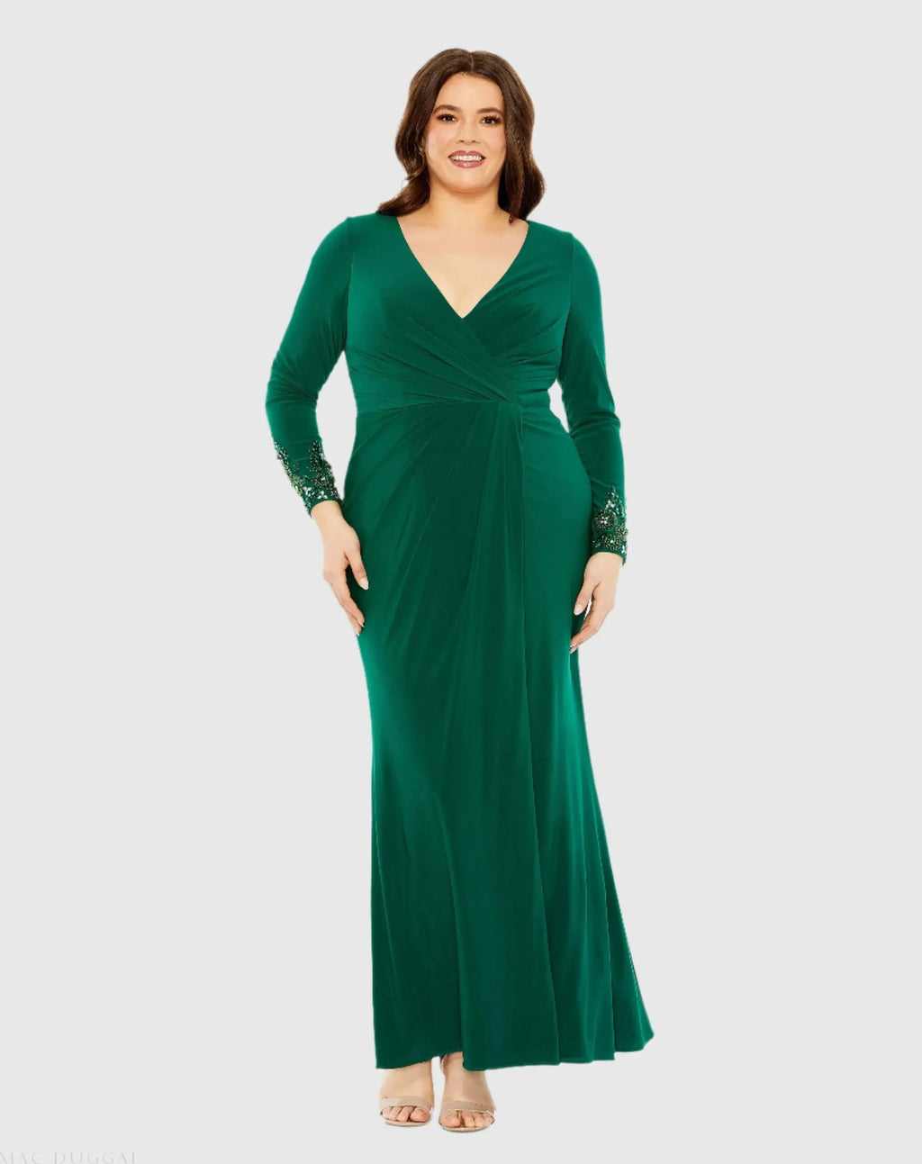 Green Long Crystal Detail Sleeve V Neck Gown - FINAL SALE