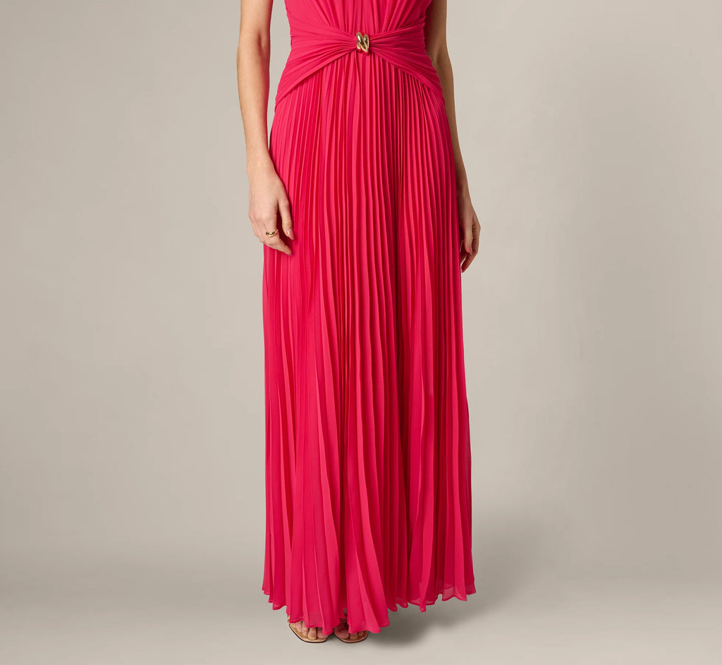 Pleated Chiffon Hardware Halter Gown In Pink Cherry
