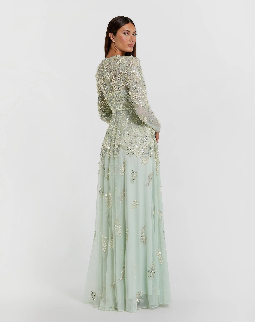 Green Long Sleeve Sequin Pearl Embellished Gown