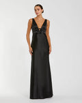 Sleeveless V Neck Satin Gown With Bow Details