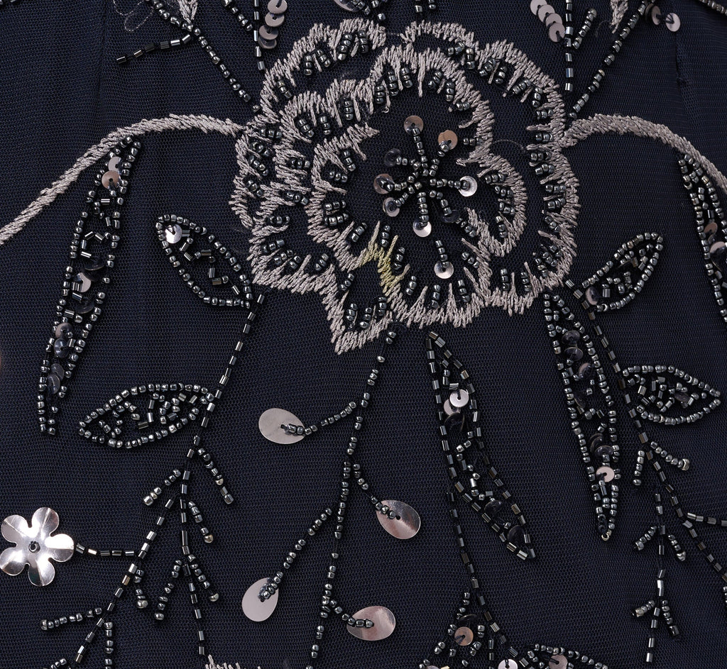 Split Sleeve Floral Beaded Gown In Navy Gunmetal
