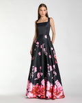 Black Square Neck Floral Print Ball Gown