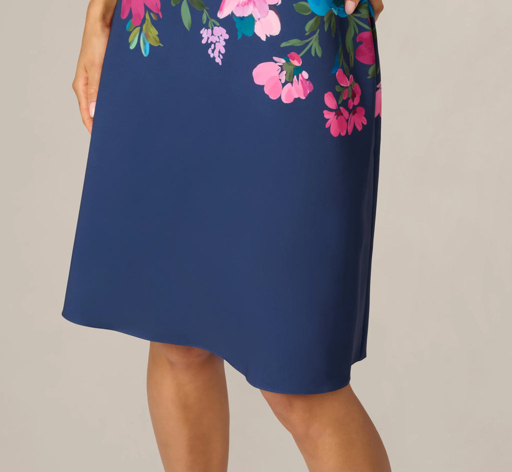 Collared Floral Border Twill Midi Dress In Navy Multi