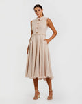 Pink Boucle Sleeveless Collared Button Up Midi Dress