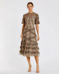Beige Floral Midi Dress with Ruffle Detailing